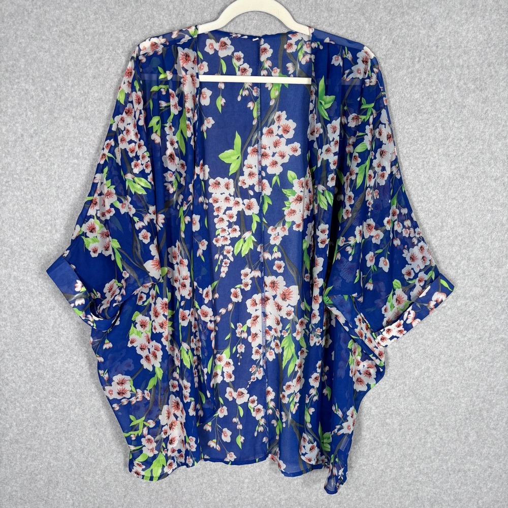 Kimono Cardigan Cover Up Small Blue‎ Floral Cherry Blossom Sheer Chiffon Ruched